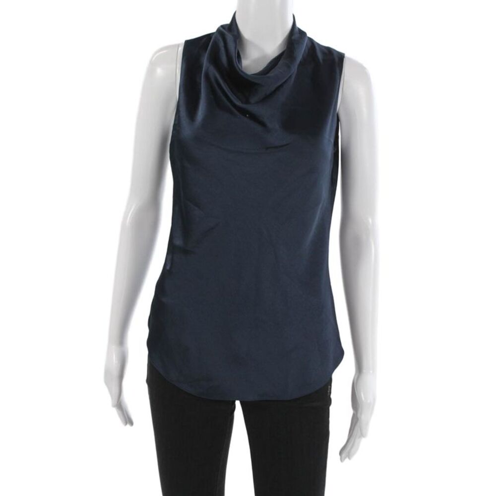 Theory Women Sleeveless Mock Neck Blouse Dark Blue Polyester Size PP